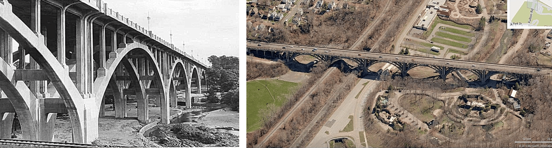 Left The original Fulton Street Bridge structure (now demolished).Right Aerial view of the new Fulton Street Bridge